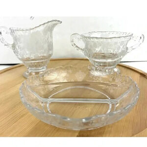 VTG Cambridge Rose Point Divided‎ Dish Sugar and Creamer Etched Clear Glass